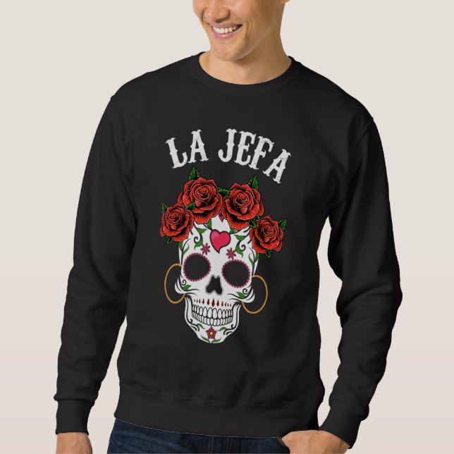 Mexikanska La Jefa Sugar Skull Apparel Dia de Los  Lång Ärmad Tröja (Framsida)