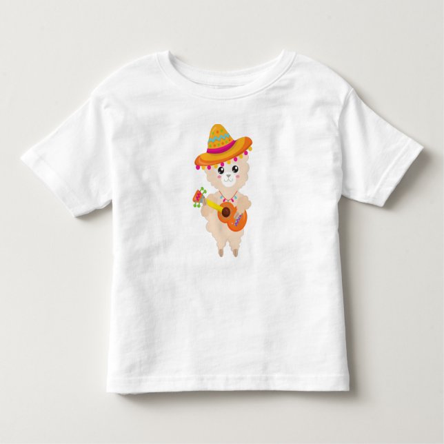 Mexikanska Llama, Cute Llama, Sombrero, Guitar T Shirt (Framsida)