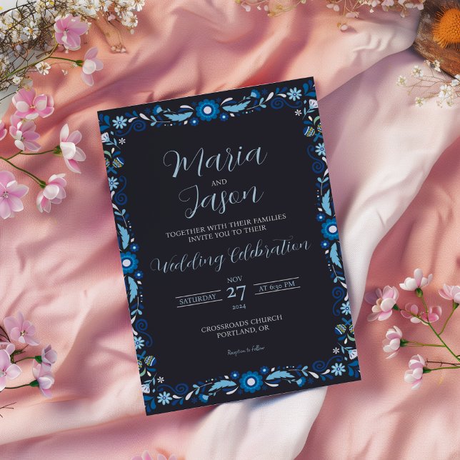 Mexikanska marinblå Blommigt Elegant Classic Bröll Inbjudningar (Mexican Navy Blue Floral Elegant Classic Wedding Invitation)
