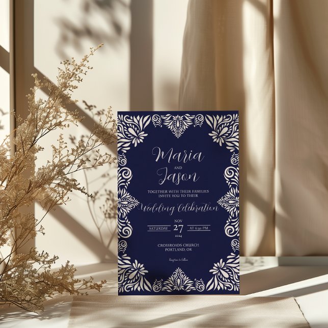 Mexikanska marinblå Blommigten Classic Elegant brö Inbjudningar (Mexican Navy Blue Floral Classic Elegant Wedding Invitation)