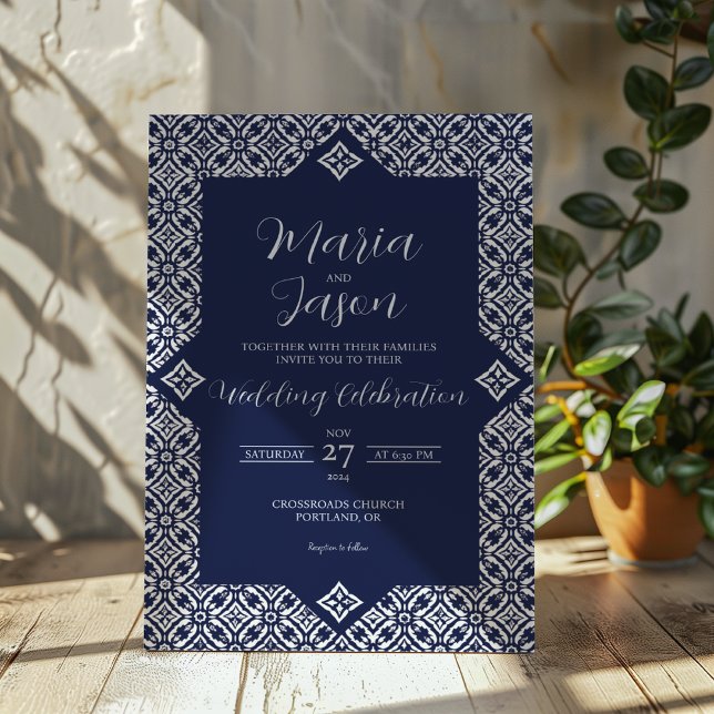 Mexikanska marinblå talavera Formell Elegant bröll Inbjudningar (Mexican Navy Blue Talavera Formal Elegant Wedding Invitation)