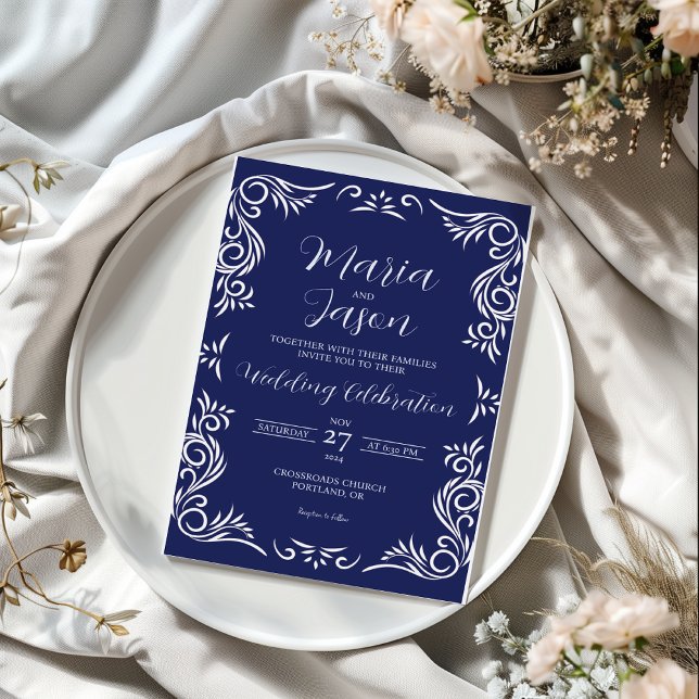 Mexikanska marinblå Vintagen Elegant bröllop Inbjudningar (Mexican Navy Blue Vintage Formal Elegant Wedding Invitation)