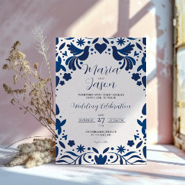 Mexikanska Otomi Blue Blommigt Elegant Fiesta Bröl Inbjudningar