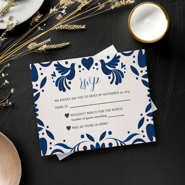 Mexikanska Otomi Blue Blommigt Elegant Fiesta Bröl OSA Kort (Mexican Otomi Blue Floral Elegant Fiesta Wedding RSVP Card)