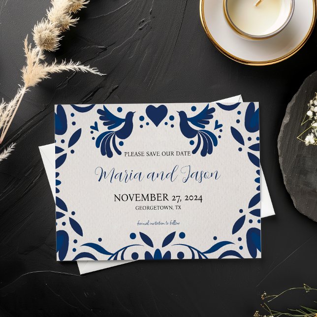 Mexikanska Otomi Blue Blommigt Elegant Fiesta Bröl Spara Datumet (Mexican Otomi Blue Floral Elegant Fiesta Wedding Save The Date)