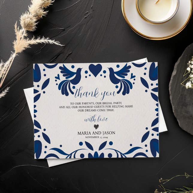 Mexikanska Otomi Blue Blommigt Elegant Fiesta Bröl Tack Kort (Mexican Otomi Blue Floral Elegant Fiesta Wedding Thank You Card)