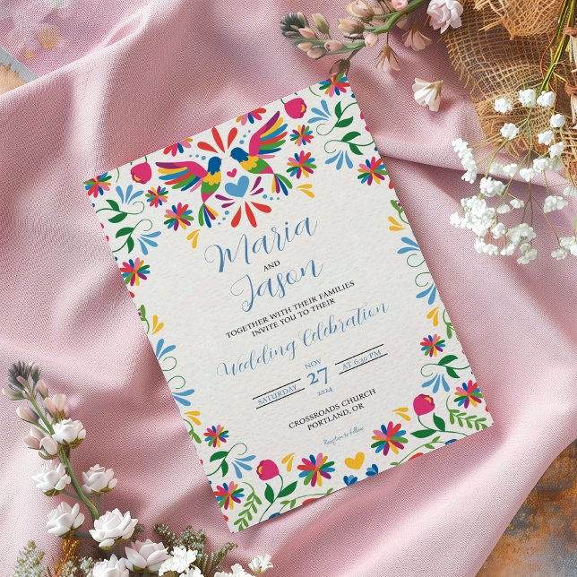 Mexikanska Otomi Tenangos Colorful Blommigt Bröllo Inbjudningar (Mexican Otomi Tenangos Colorful Floral Wedding Invitation)