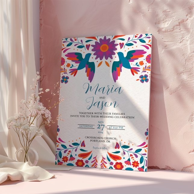 Mexikanska Otomi Tenangos Colorful Folk Art Bröllo Inbjudningar (Mexican Otomi Tenangos Colorful Folk Art Wedding Invitation)