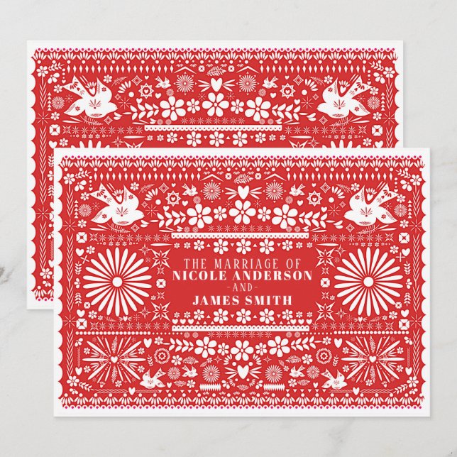 Mexikanska Picado Red & White Pappra Bröllop Gifte Inbjudningar (Fram/baksida)