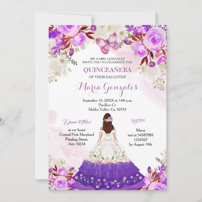Mexikanska prinsessans Lila Quinceanera Butterfly  Inbjudningar (Framsida)