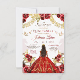Mexikanska Quinceañera Blommigt Red Guld Charra Ho Inbjudningar