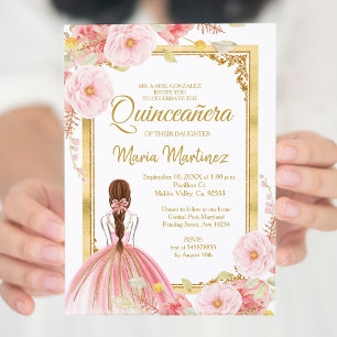 Mexikanska Quinceañera-inbjudan till Ro Guld-blomm Inbjudningar
