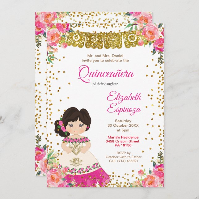 Mexikanska Quinceanera Mis Quince Inbjudningar (Fram/baksida)