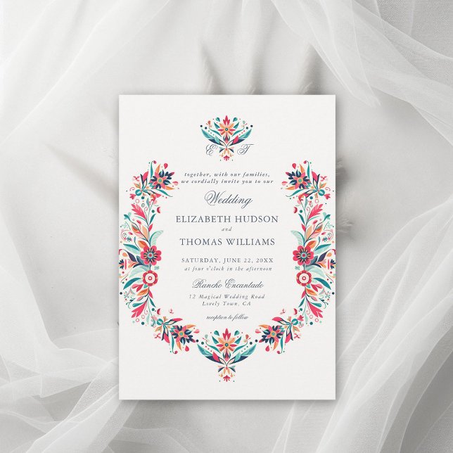 Mexikanska Rancho Blommigt Ram Elegant Vapensköld  Inbjudningar (rancho wedding mexican invitation floral frame watercolor wildflower formal classic traditional)