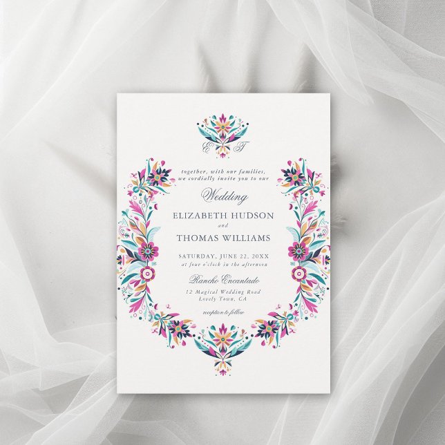 Mexikanska Rancho Blommigt Ram Formell Vapensköld  Inbjudningar (rancho wedding mexican invitation floral frame watercolor wildflower formal classic traditional pink)