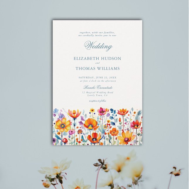 Mexikanska Rancho Blommigt Watercolor Elegant bröl Inbjudningar (rancho wedding mexican invitation floral watercolor wildflower formal classic traditional elegant)