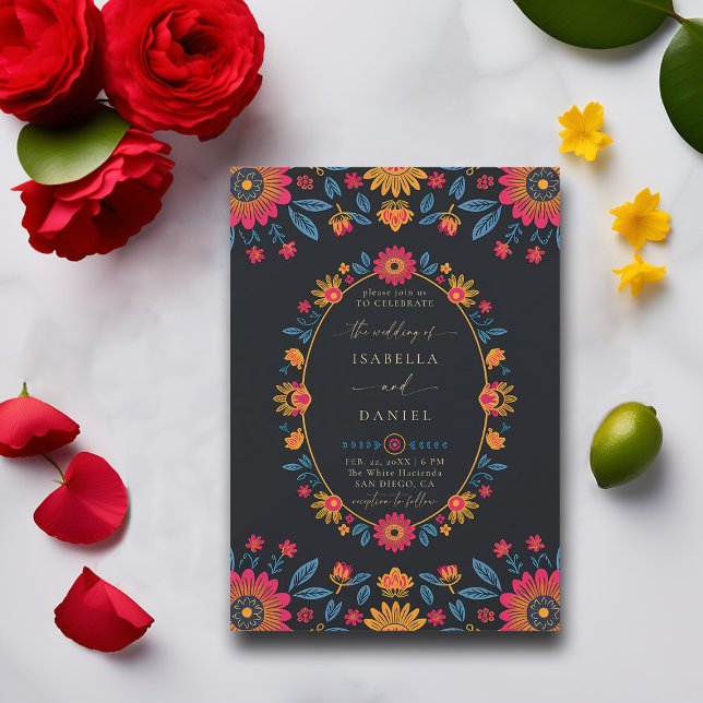 Mexikanska Rancho Colorful Flowers Wandan Bröllop Inbjudningar (rancho mexican wedding invitation fiesta hacienda watercolor floral wreath frame elegant modern chic)