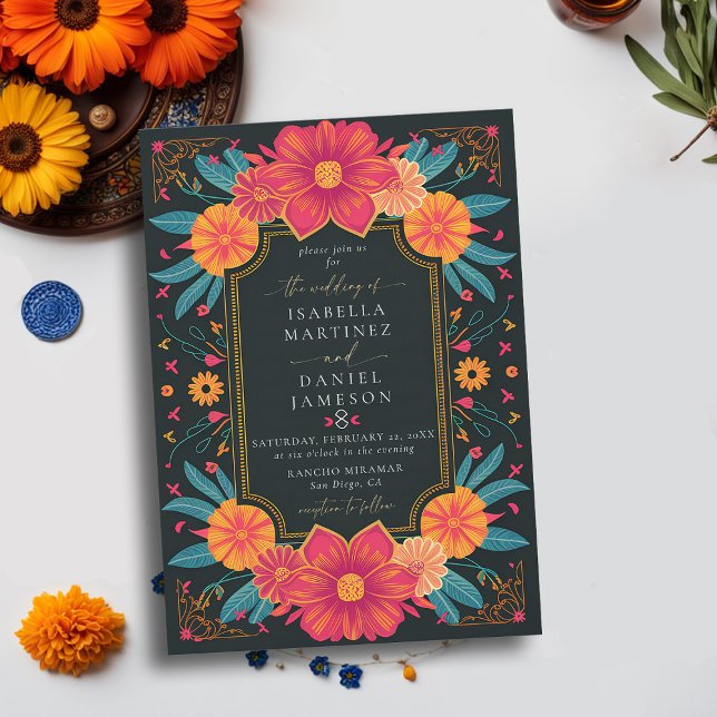 Mexikanska Rancho Elegant Bold Flowers Ram Bröllop Inbjudningar (rancho mexican wedding invitation fiesta hacienda watercolor floral frame elegant modern classy)