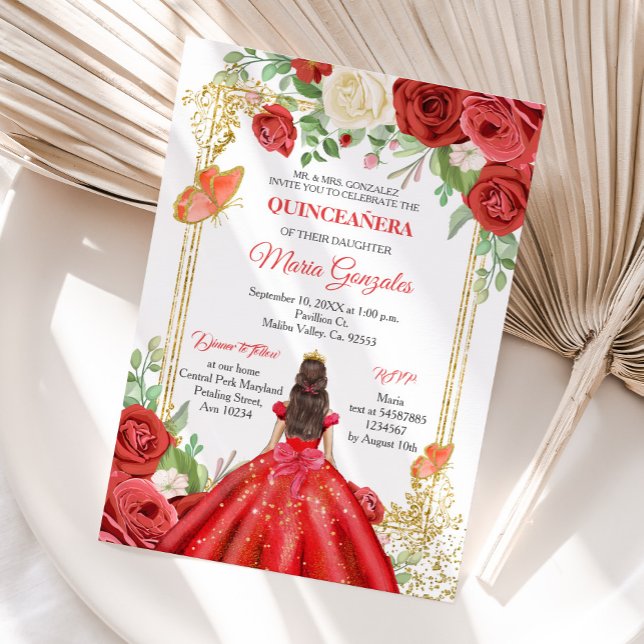 Mexikanska Röd ros Princess Quinceanera Butterfly Inbjudningar (Skapare uppladdad)