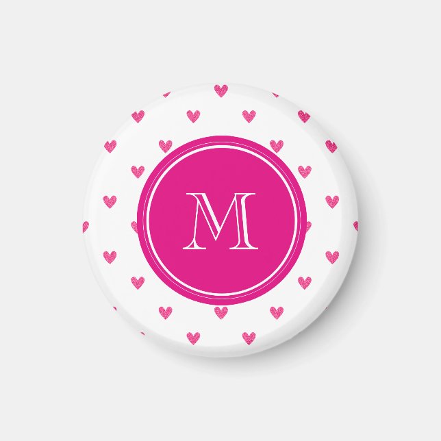 Mexikanska Rosa Glitter Hearts med Monogram Magnet (Framsidan)