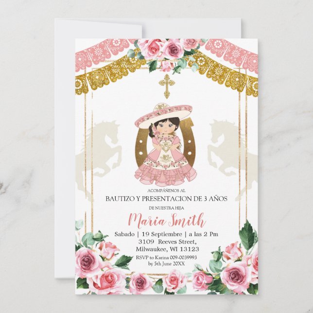 Mexikanska Rosa ros Charra Baptism och tredje föde Inbjudningar (Framsida)