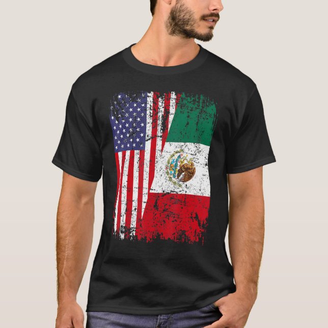 Mexikanska rötter, halva amerikanska Flagga Mexiko T Shirt (Framsida)