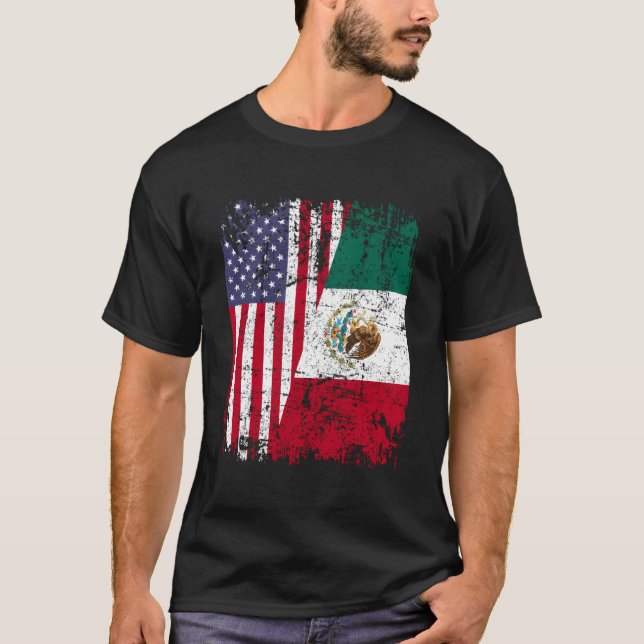 Mexikanska rötter, halva amerikanska Flagga Mexiko T Shirt (Framsida)