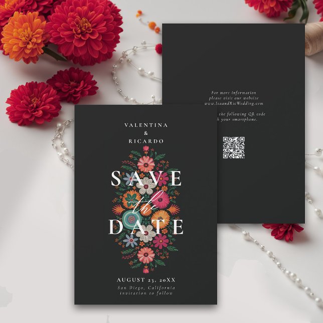 Mexikanska Rustic Modern Blommigt Rancho QR Bröllo Spara Datumet (rancho mexican wedding save the date fiesta hacienda illustration floral elegant modern qr code)