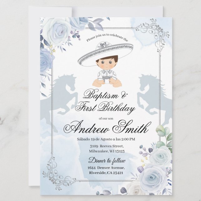Mexikanska Silver-charro-baptism och födelsedagsti Inbjudningar (Framsida)