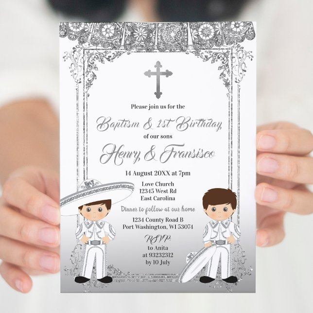 Mexikanska Silver Twin Boy Baptism och födelsedag Inbjudningar (Skapare uppladdad)