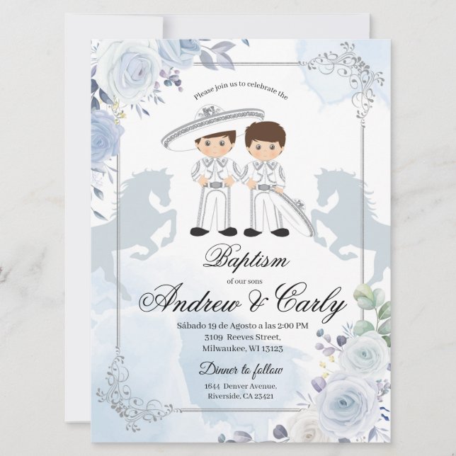 Mexikanska Silver Twin Charro Baptism i spanska Inbjudningar (Framsida)