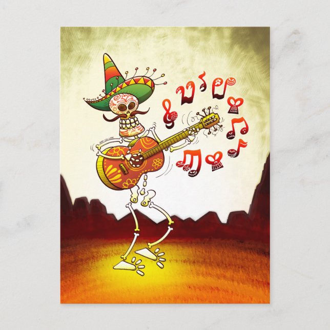 Mexikanska Skeleton Spela Guitar Vykort (Framsida)