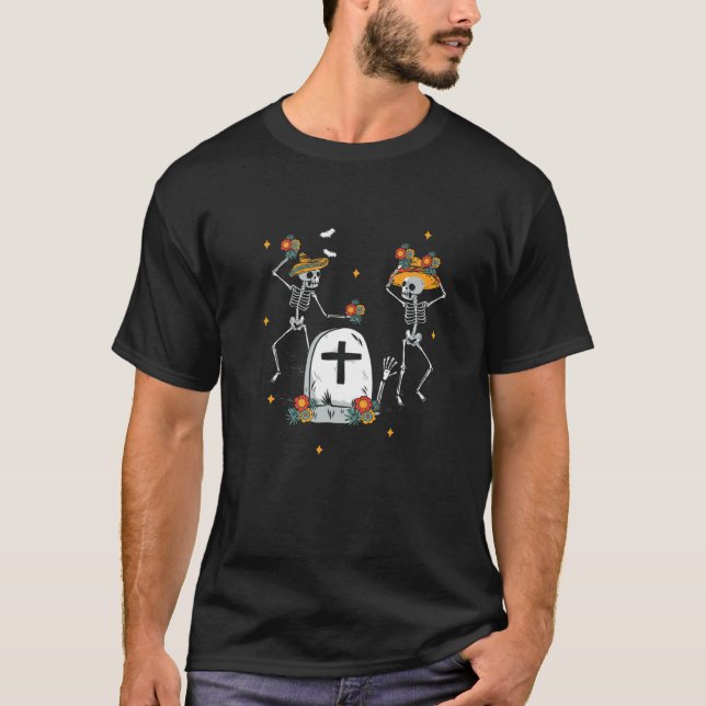 Mexikanska Skeletons Mariachi Sombrero Hat Dagen T Shirt (Framsida)