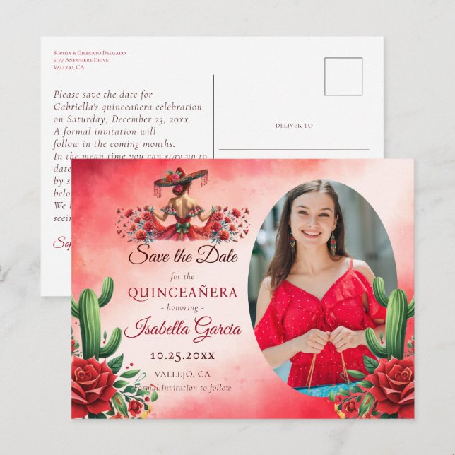 Mexikanska Stil Quinceañera Spara datum Vykort (Fram/baksida)