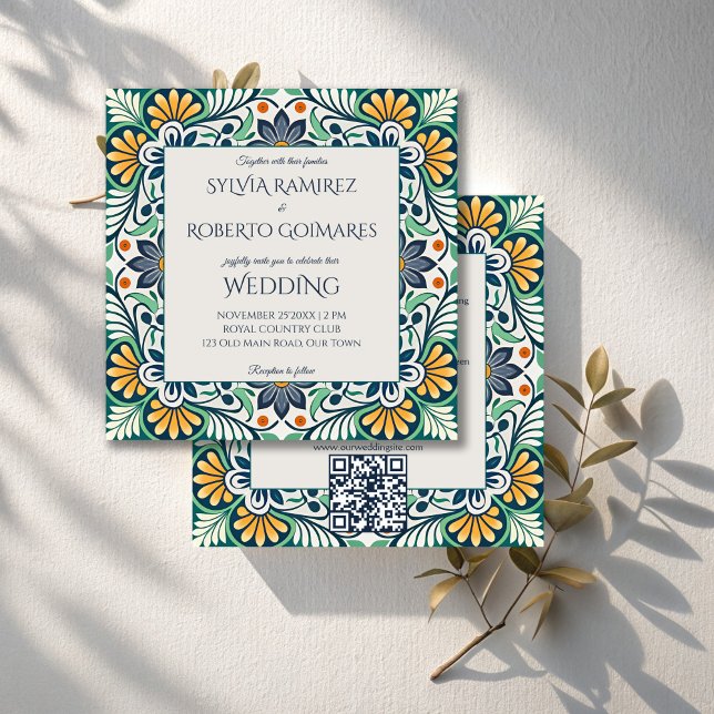 Mexikanska Talavera Azulejo elegant bröllop med OS Inbjudningar (Mexican Talavera Azul elegant wedding Invitations with RSVP teal green colorful wedding cards)
