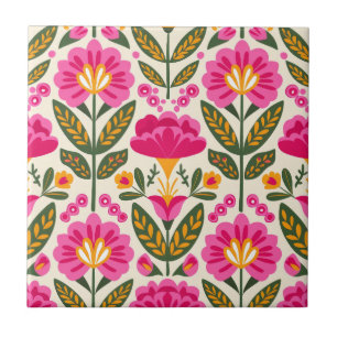 Mexikanska Talavera-blommor Fuchsia Rosa Blommig Kakelplatta