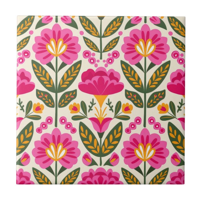 Mexikanska Talavera-blommor Fuchsia Rosa Blommig  Kakelplatta (Framsidan)
