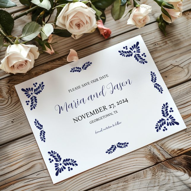 Mexikanska Talavera Blue Blommigt Minimalist Bröll Spara Datumet (Mexican Talavera Blue Floral Minimalist Wedding Save The Date)