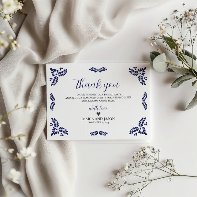 Mexikanska Talavera Blue Blommigt Minimalist Bröll Tack Kort (Mexican Talavera Blue Floral Minimalist Wedding Thank You Card)