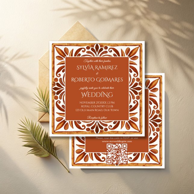 Mexikanska Talavera bruna elegant bröllop med OSA Inbjudningar (Terracotta Mexican Talavera elegant wedding Invitations with RSVP editable template instant download)
