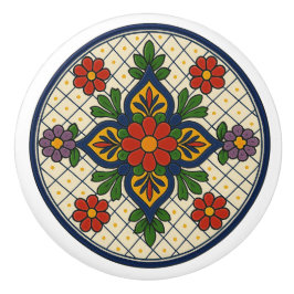 Mexikanska Talavera Finare Blommigt Folk Art Grid Knopp