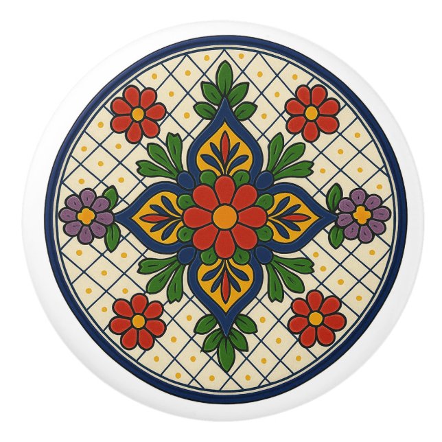 Mexikanska Talavera Finare Blommigt Folk Art Grid  Knopp (Framsidan)