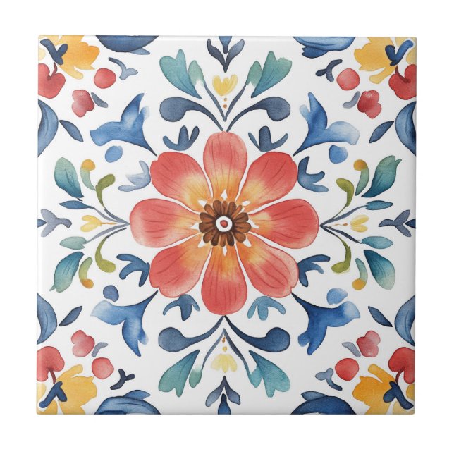 Mexikanska Talavera Hacienda Stil Blommigt Tile Kakelplatta (Framsidan)
