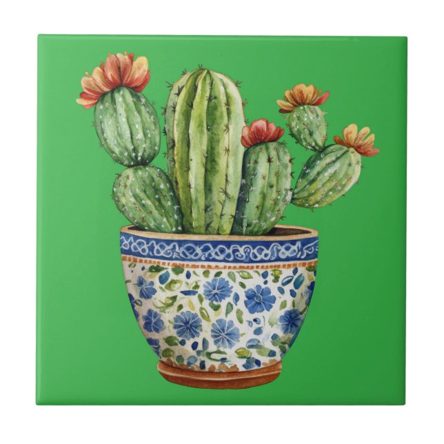 Mexikanska Talavera Hacienda Stil Cactus Tile Kakelplatta (Framsidan)
