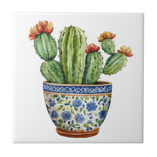 Mexikanska Talavera Hacienda Stil Cactus Tile Whit Kakelplatta (Framsidan)