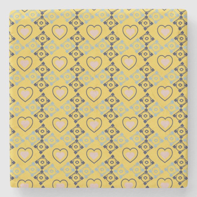 Mexikanska Talavera Rosa Hearts Blue Gult Stenunderlägg (Framsidan)