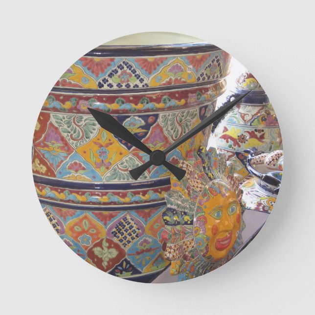 Mexikanska Talavera stil potteriet Rund Klocka (Framsida)