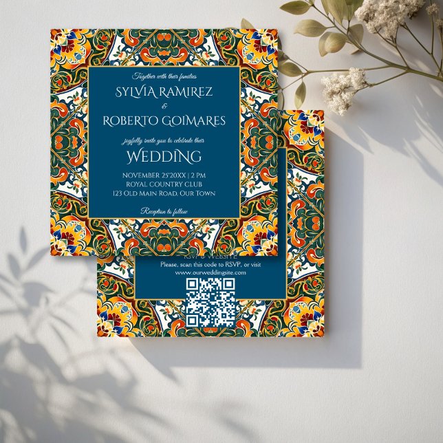 Mexikanska Talavera teal elegant bröllop med OSA Inbjudningar (Mexican Talavera teal colorful ornate elegant wedding invitations with RSVP editable template)