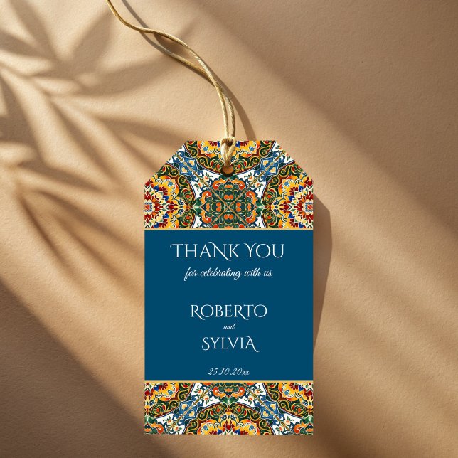 Mexikanska Talavera teal elegant bröllop till förm Presentetikett (Mexican Talavera teal elegant wedding favor Gift Tags thank you tags wedding favors vintage ornament)