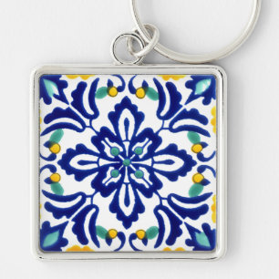 Mexikanska Talavera Terracotta Tile Design No. 10 Fyrkantig Silverfärgad Nyckelring